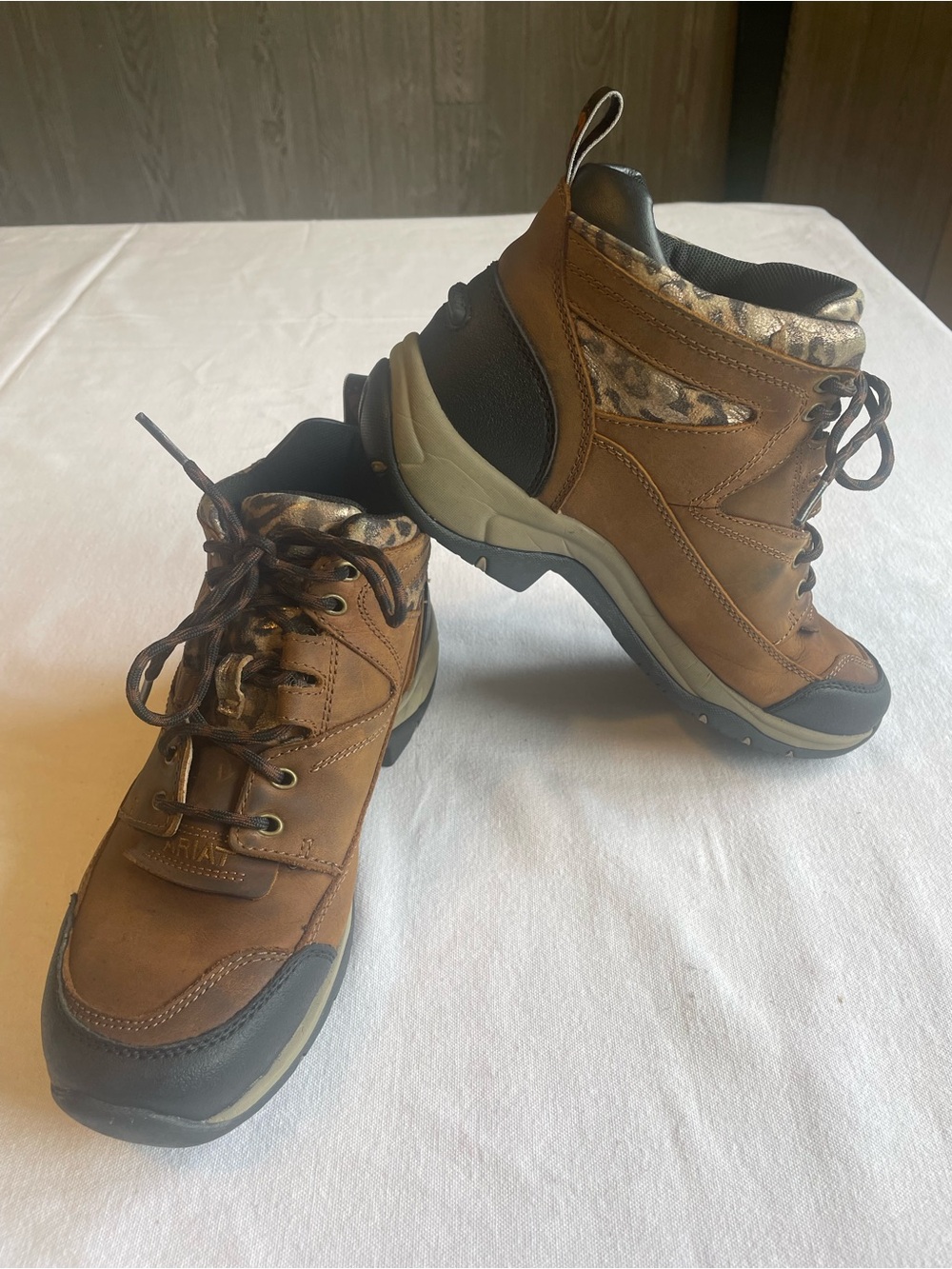 Ariat Brown Lace-Up Women's Hiking Boots with Leopard Accent 7.5 Women’s